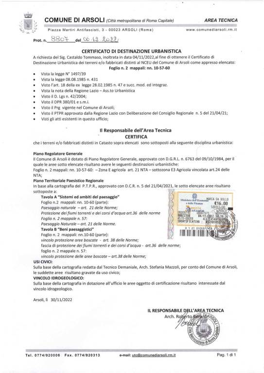 GIVAD ARSOLI - Certificato destinazione urbanistic