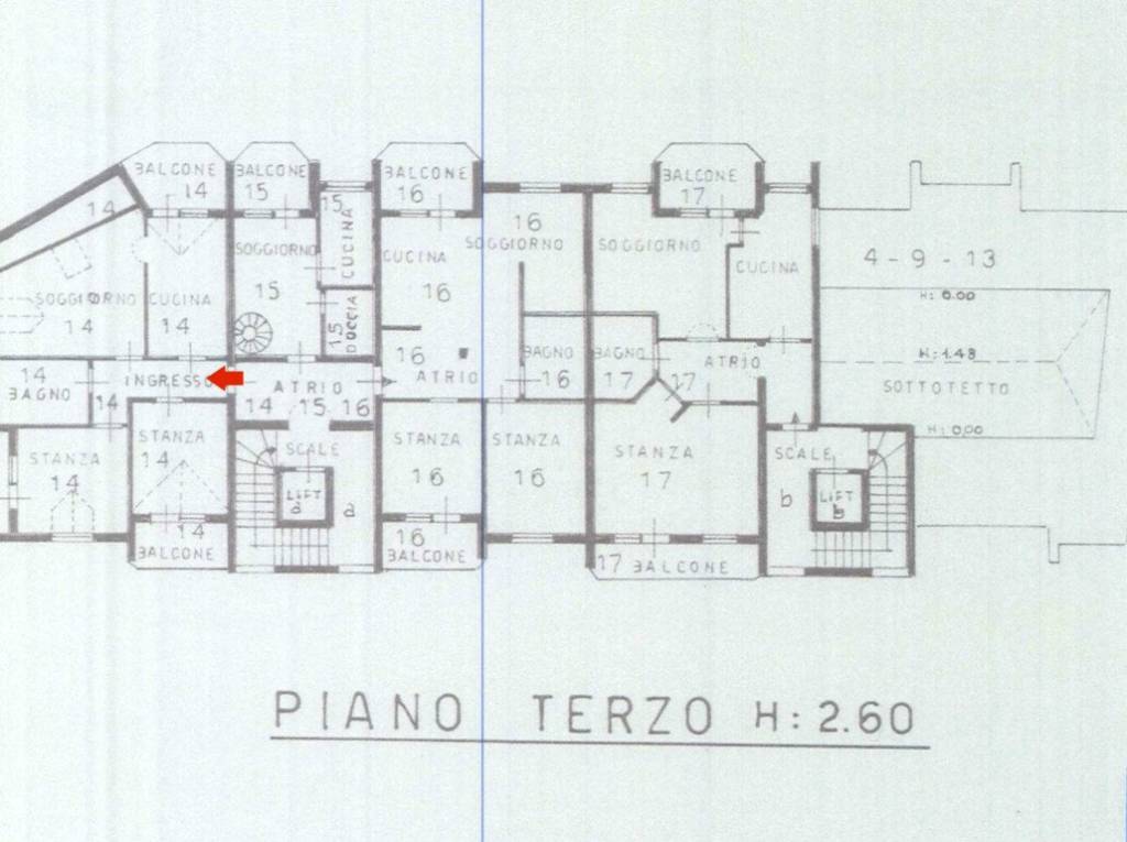 Trilocale luminoso e ben tenuto con 3 balconi e ampia soffitta, ultimo piano - Planimetria 1