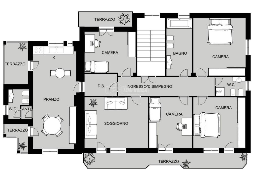 appartamento 4 camere, soggiorno e cucina