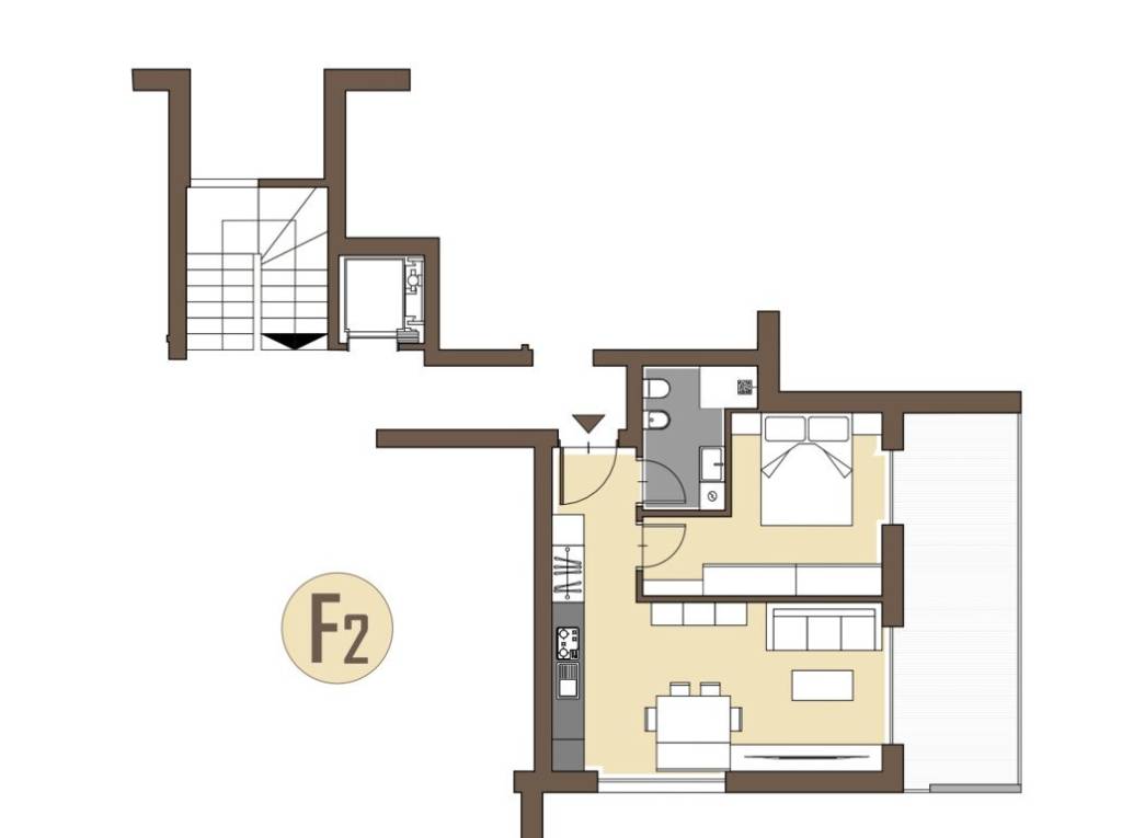 F2: Nuovo bilocale con ampia terrazza, esposizione a Sud-Est - Planimetria 1