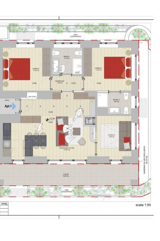 AC.01b Apt.1 Piano Terra - Layout 2 camere + studi