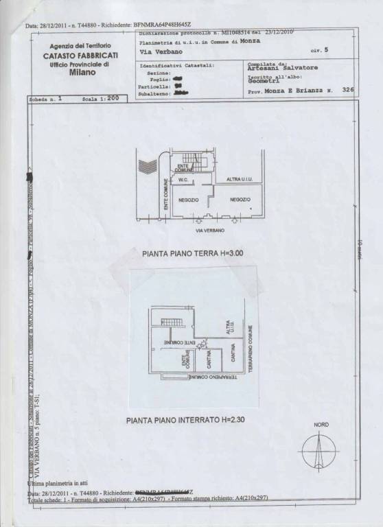 Monza via Verbano, 5 Scheda catastale 1
