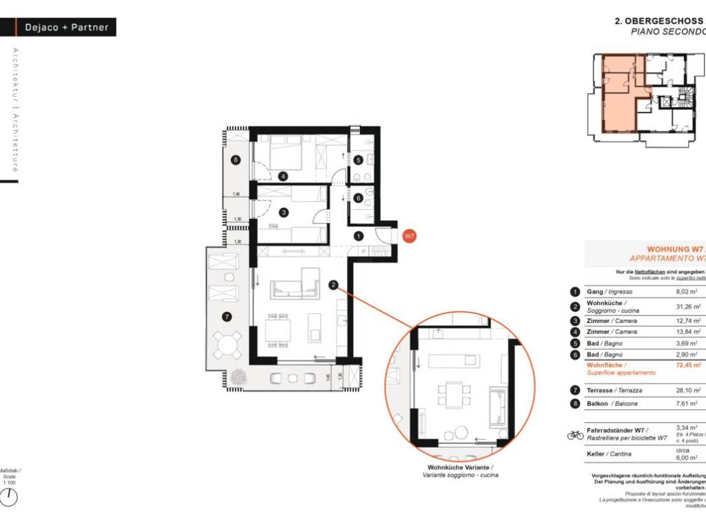 W7: Nuovo trilocale spazioso con ampia terrazza, secondo piano - Planimetria 1