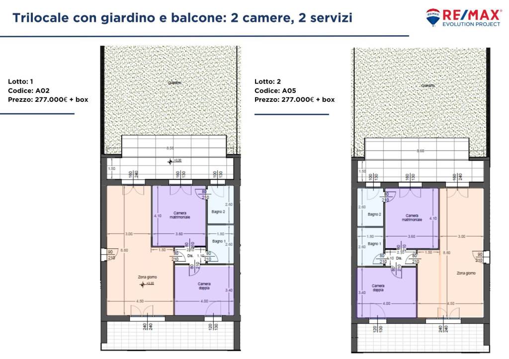 2 trilocali doppi servizi con giardino