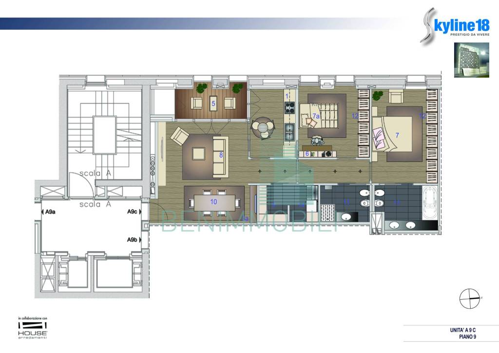 Planimetria arredata trilocale Skyline18