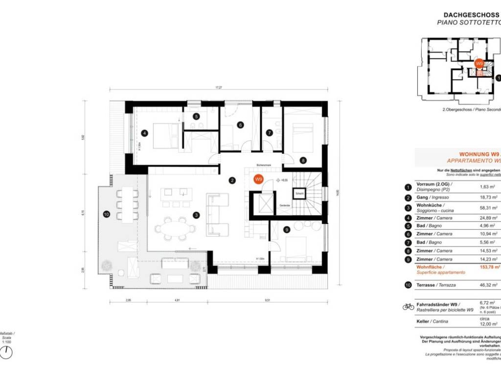 W9: Nuovo, attico spettacolare con ampia terrazza, ultimo piano - Planimetria 1