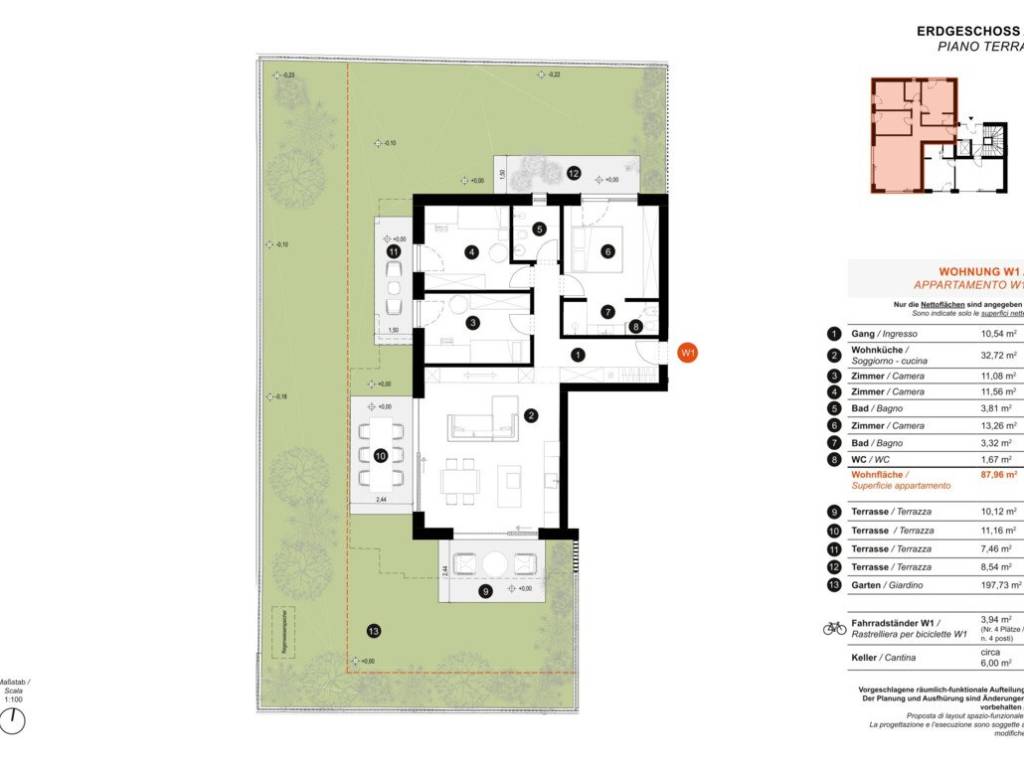 W1: Nuovo quadrilocale spazioso con terrazza e ampio giardino privato - Planimetria 1