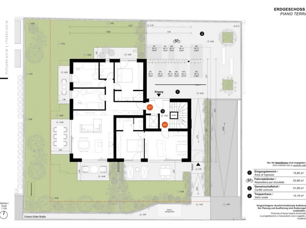 W1: Nuovo quadrilocale spazioso con terrazza e ampio giardino privato - Planimetria 2