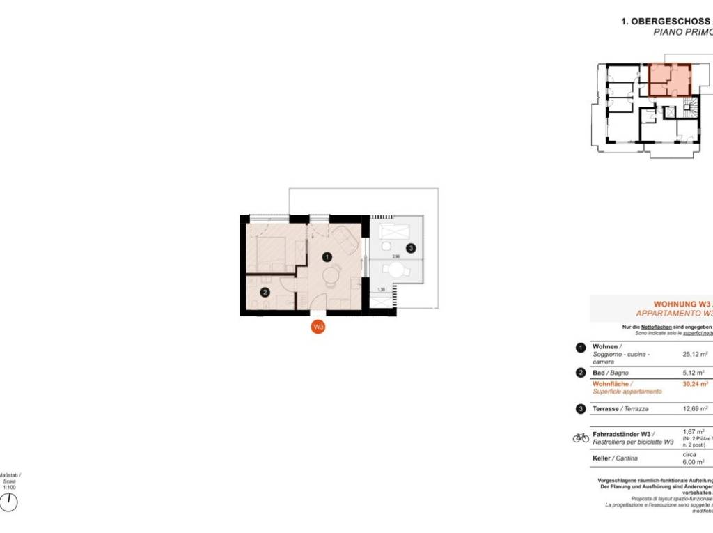 W3: Nuovo bilocale con ampia terrazza - Planimetria 1