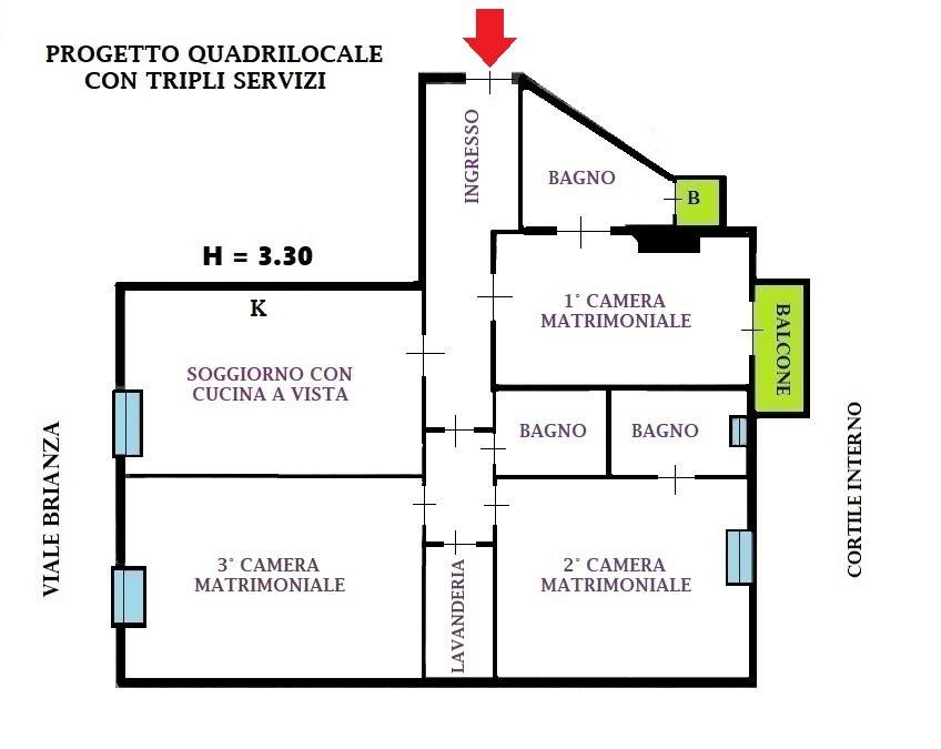 PROGETTO QUADRILOCALE CON 3 BAGNI