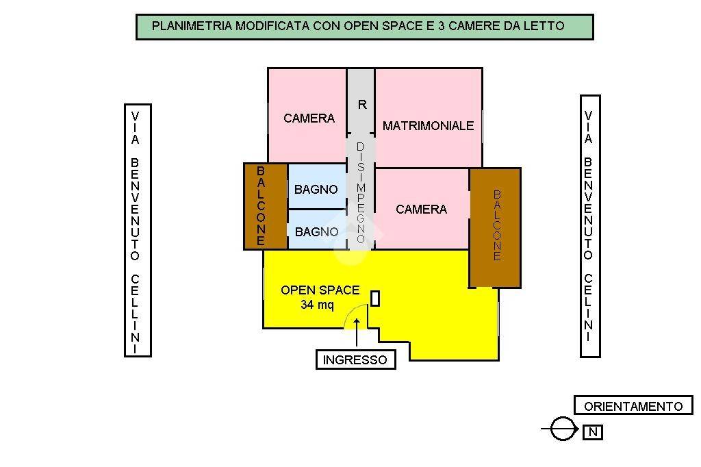 PLANIMETRIA CON TRE CAMERE, TINELLO E SOGGIORNO