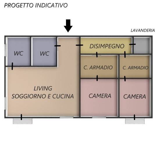 LIVING, DUE BAGNI, LAVANDERIA, DUE CAMERE CON CABI