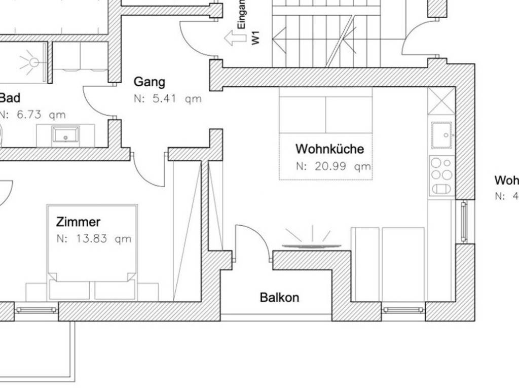 W1: Bilocale ristrutturato a nuovo con due balconi - Planimetria 1