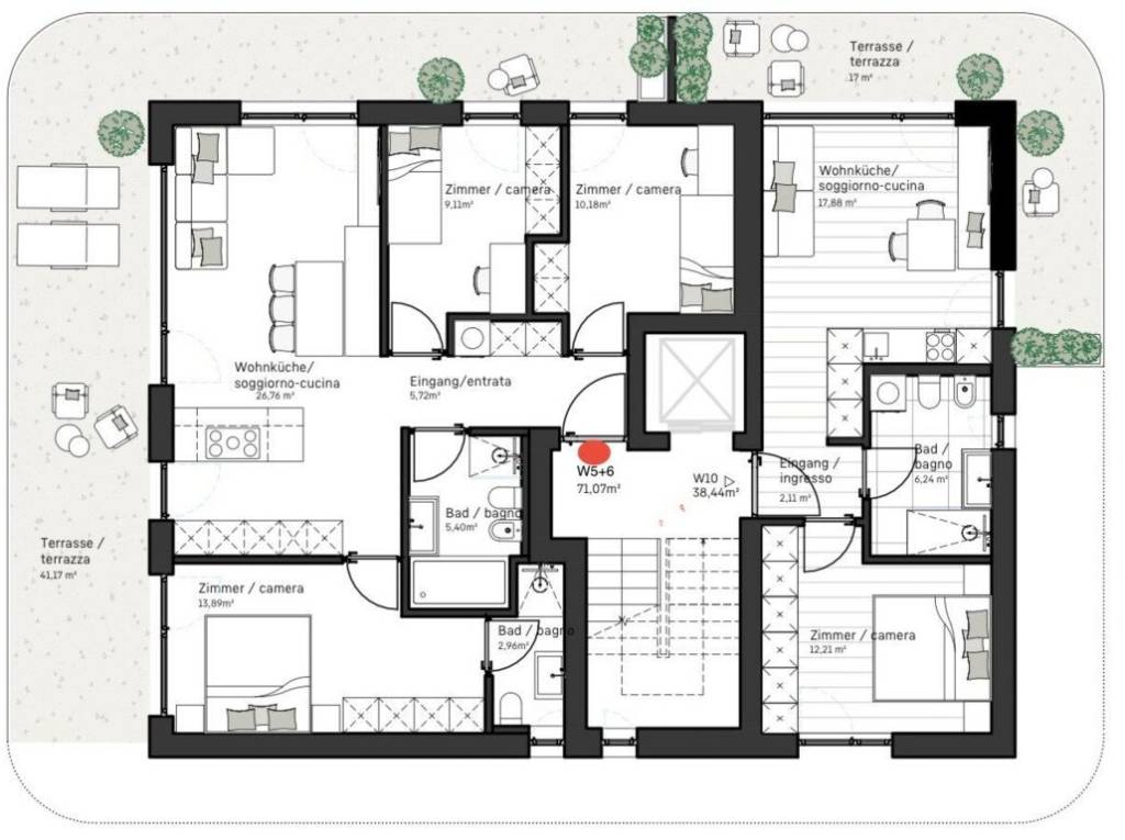 Variante W5+6: Nuovo quadrilocale con ampia terrazza, secondo piano - Planimetria 1